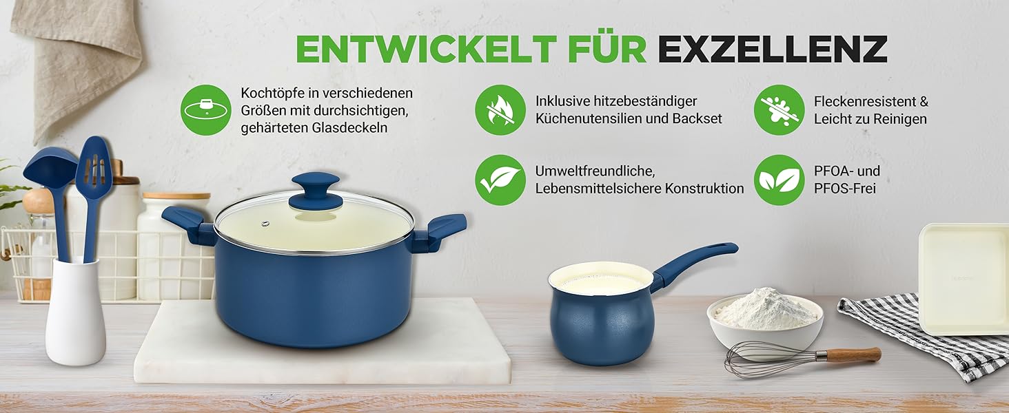 Набір посуду NutriChef 54 елементи: сковороди, каструлі, кухонні аксесуари, ножі, форми для випічки, для приготування здорової їжі (синій)