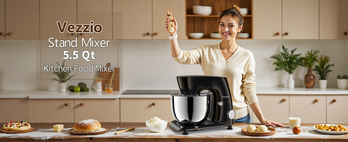 Кухонна машина Vezzio для випічки, 5.5л, 1500Вт, планетарне мішування, з набором насадок (чорна)