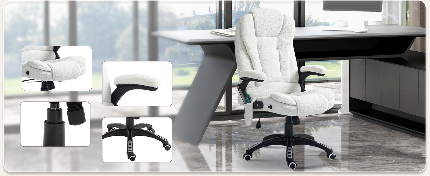 Крісло офісне Vinsetto з масажем, підігрівом, регулюванням нахилу та функцією розслаблення. Комп'ютерне крісло для офісу, кремово-біле, з кишенею з льону, оббивка з тедді-замші (100% поліестер).