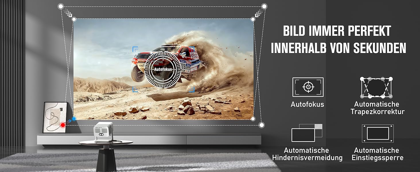 Smart Beamer VOPLLS 1080P Full HD WiFi 800ANSI: Міні-проектор з автофокусом та корекцією трапеції для дому/вулиці, підключення до телефону, сіро-білий