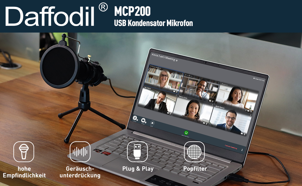Daffodil MCP200 USB Конденсаторний мікрофон: для стрімінгу, подкастів, запису голосу. Комплект з поп-фільтром, антишоком та підставкою. Сумісний з PC, Mac.