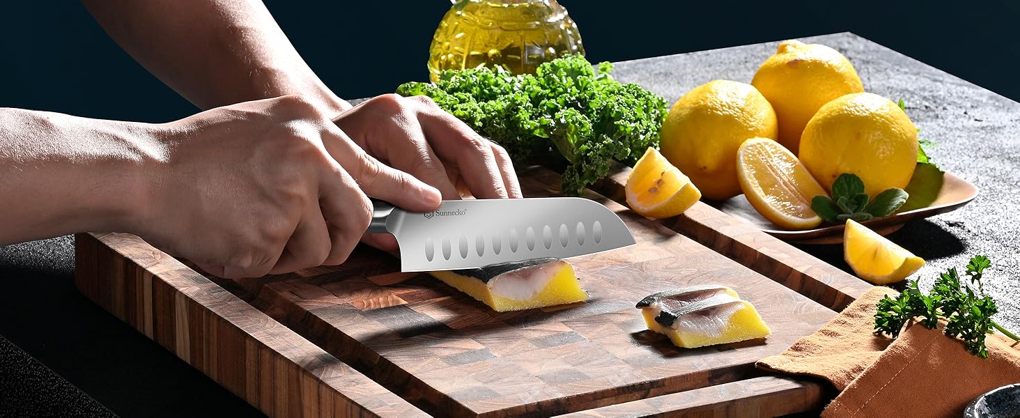 Набір ножів Sunnecko 6 шт. з підставкою – кухонний набір ножів, кухонні ножі з ергономічними ручками, гострими лезами, підставка з нержавіючої сталі та акації
