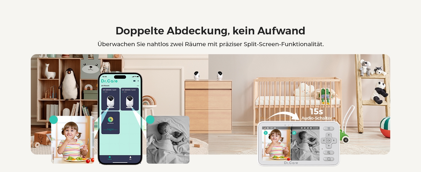 Відеоняня Dr.Care VistaView Lite WLAN з App-керуванням, Full HD 1080P камерою, розділеним екраном 720P, датчиком руху та ІЧ-нічним баченням (монітор 4