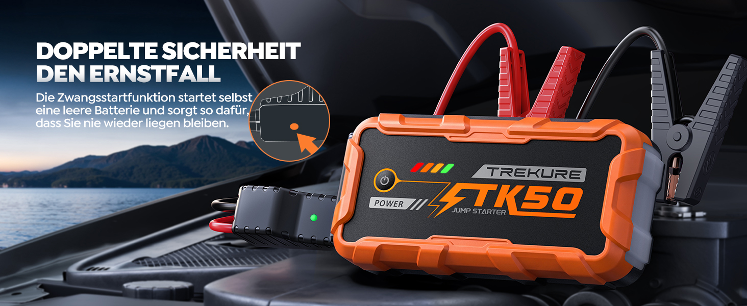 Бустер для автомобіля Starthilfe Powerbank 9000A 26800mAh — Пусковий пристрій для бензинових та дизельних двигунів (до 12.0L), 12V з ліхтарем 800 Лм та USB-портами, помаранчевий