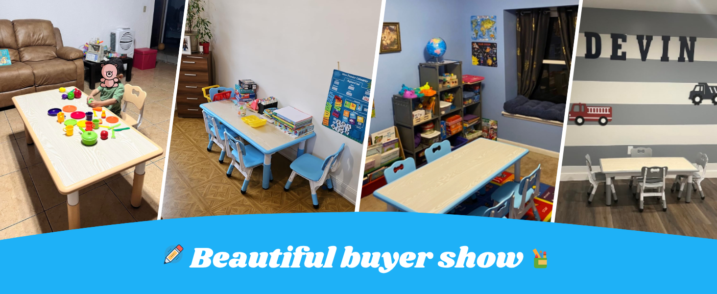 Дитячий стіл MAMIZO з 4 стільцями, регульована висота, набір для дитячої кімнати/садочка, пластикові меблі, сидіння для хлопчиків та дівчаток від 2 років (60 x 60 x 120 см, блакитний)