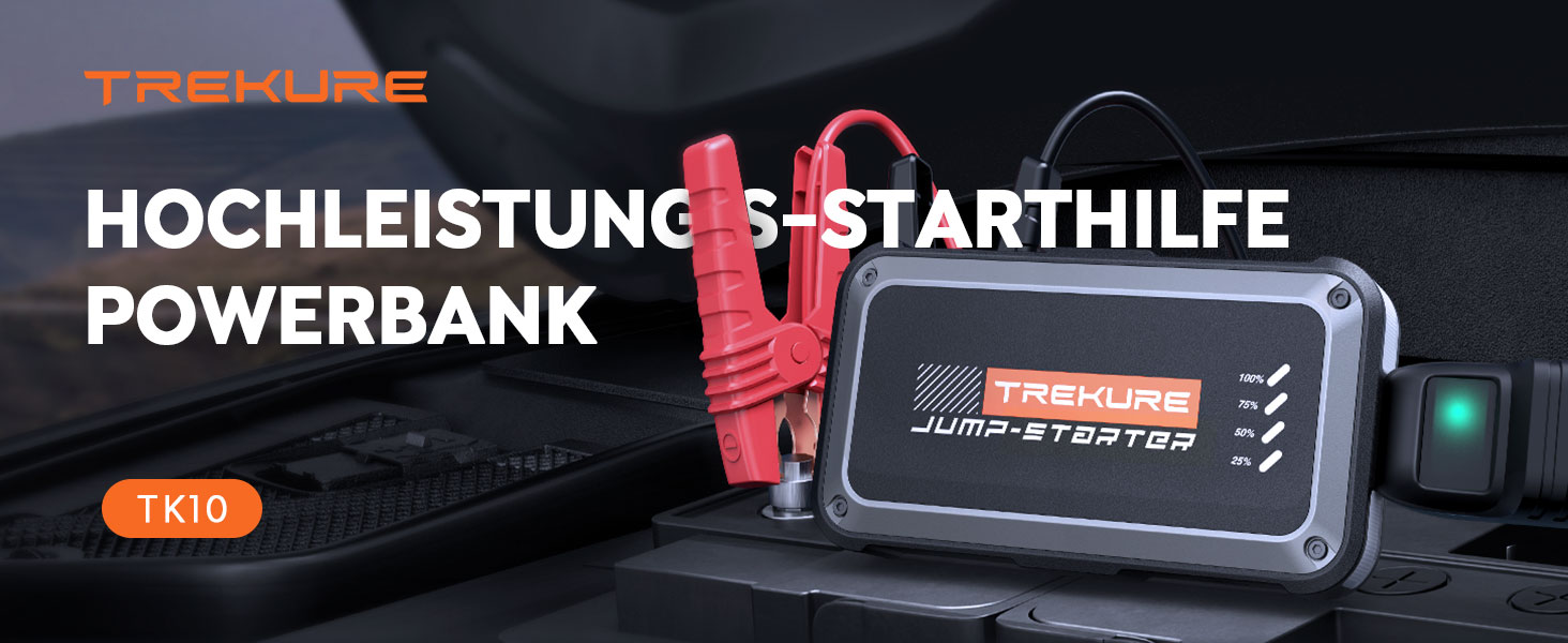 Бустер для автомобіля TREKURE 7000A: Пусковий пристрій (Powerbank) для бензинових двигунів до 9л та дизельних до 6.5л, з функцією примусового запуску, магнітним кріпленням та 4-в-1 LED робочим світлом, сріблястий