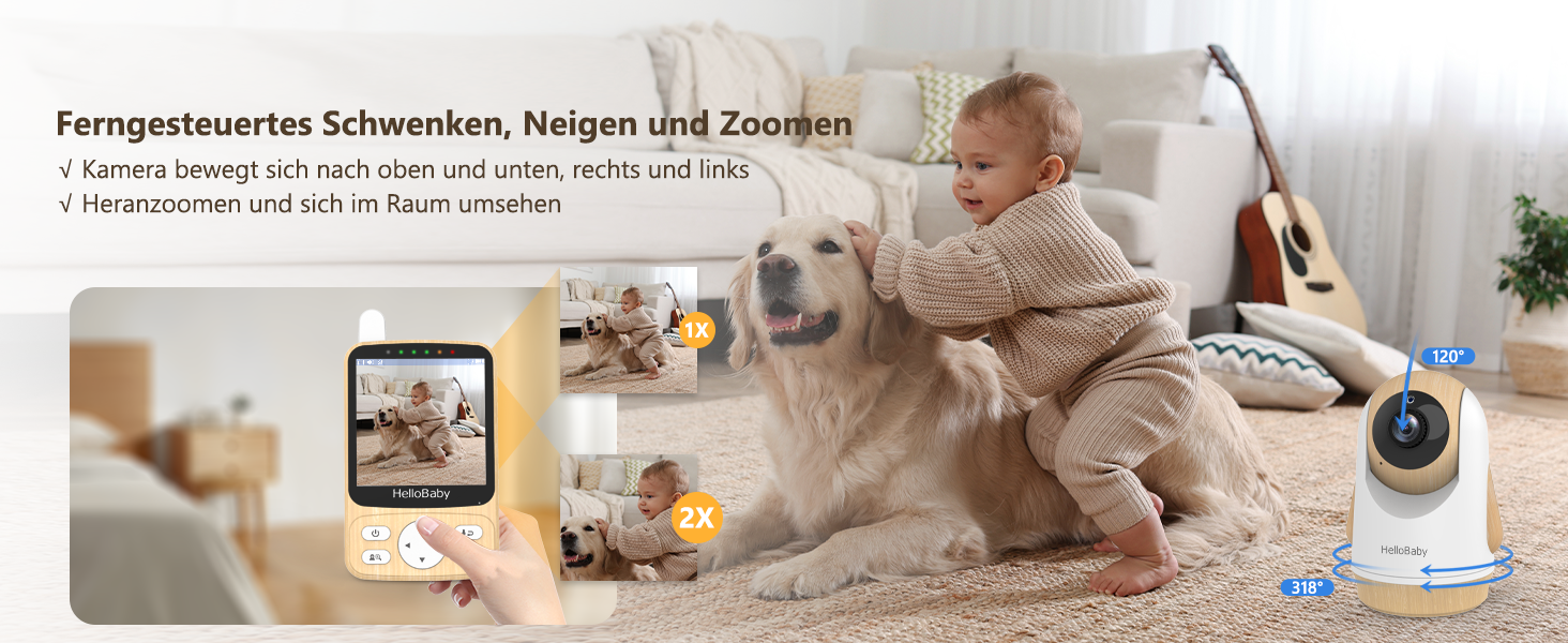 Радіоняня HelloBaby з камерою, 29 годин роботи, монітор для немовлят з поворотним механізмом, нічна зйомка, двосторонній зв'язок (HB6340)