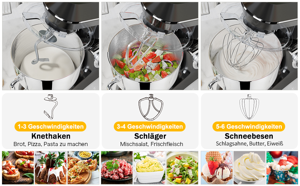 Кухонна машина 9.5л з планетарним міксером, 1500W, DOBBOR, з набором насадок (міксер, гак для тіста, вінчик), захист від бризок, 7 швидкостей, чорний колір