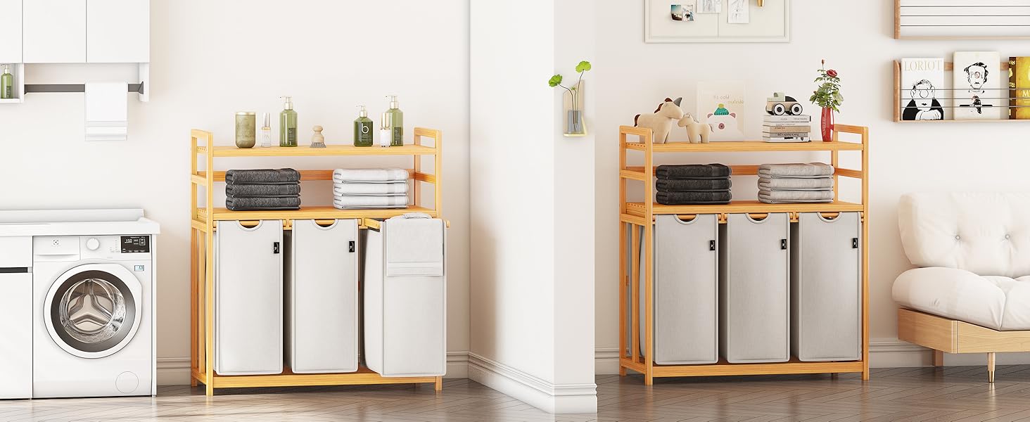 Кошик для білизни AdelDream 150L з 3 відділеннями, висувні полиці та знімний мішок для білизни, бамбуковий каркас, бежевий