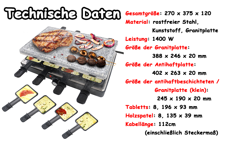 Раклет на 8 осіб: Набір електричних сковорідок-гриль з нержавіючої сталі, 8 каструль, 2 гранітні та 2 антипригарні тарілки, лопатка, для внутрішнього та зовнішнього використання, 1400 Вт
