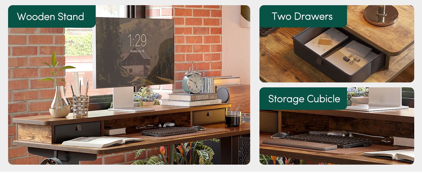 FEZIBO Регульований за висотою електричний стоячий стіл з подвійним ящиком, 120 x 60 см, офісний стіл для дому, стіл-трансформер, комп'ютерний стіл, коричневий 120 × 60 см, коричневий