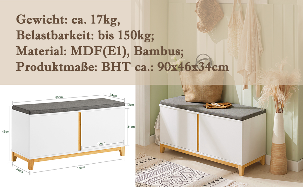 Лавка для взуття SoBuy FSR117-W з сидінням та зберіганням, 90x46x34см, інженерне дерево, біла