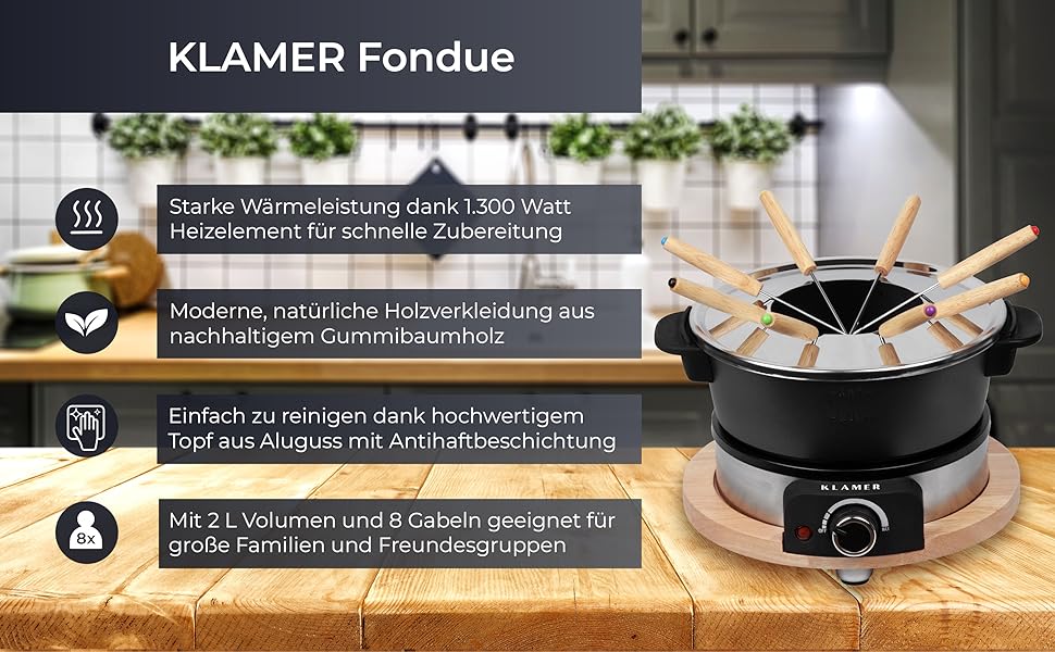 Електричний Фондю-набір KLAMER для 8 осіб з 8 виделок, регулювання температури, захист від бризок, посуд з алюмінію, екологічна обкладка з каучуку