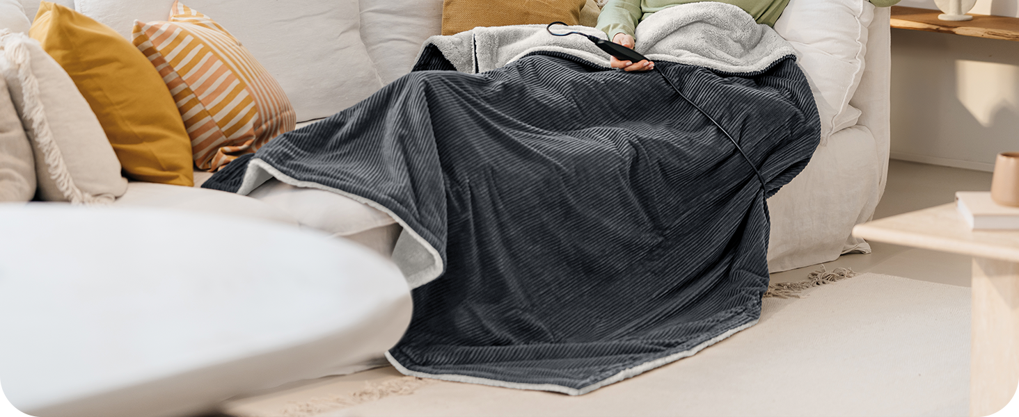 Електрична ковдра Beurer HD 80 з 6 рівнями нагріву, автоматичним вимкненням та системою безпеки, з матеріалів вторинної переробки, Cord Dark Grey