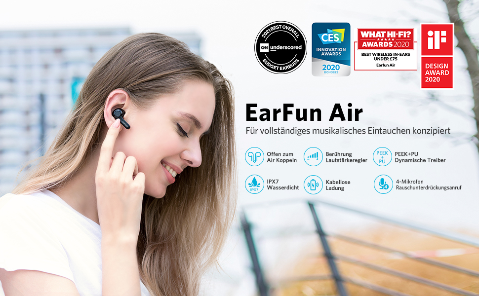 Навушники-вкладиші EarFun Air, 4 мікрофони, захист від шуму, 35 годин, IPX7, бездротова зарядка