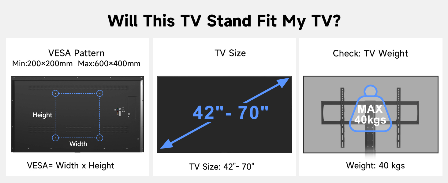 Підставка для телевізора на колесах, регульована по висоті, для екранів 42-70 дюймів, до 40 кг, VESA 600x400 мм