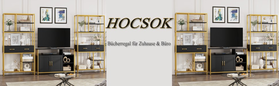 Книжкова шафа HOCSOK, 5 рівнів, 2 шухляди, дерево та метал, 30x90x180 см, чорний/золотий