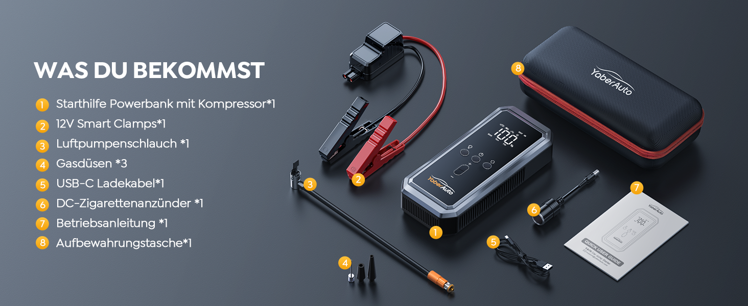 Портативний пусковий пристрій YaberAuto YA70 з компресором 150 PSI, Powerbank 21800mAh, ліхтарик 300 Lumen, LCD екран