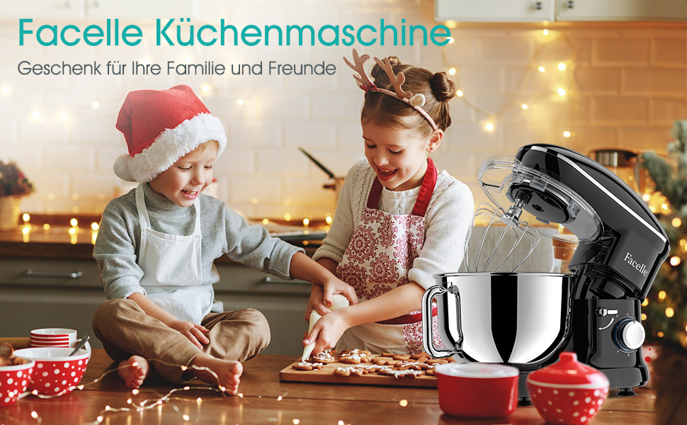 Кухонна машина Facelle 1500W з нержавіючою чашею 6.2 л, 6 швидкостей, комплект насадок (чорна)