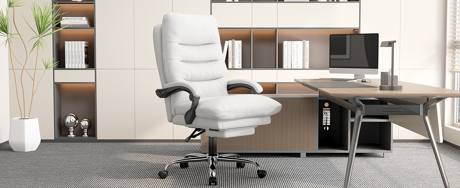 Ергономічне крісло для офісу Naspaluro з підніжкою, комп'ютерне крісло з двошаровою подушкою, високою спинкою, функцією відкидання, регулюванням висоти, з PU-шкіри, до 150 кг (Білий, Штучна шкіра)