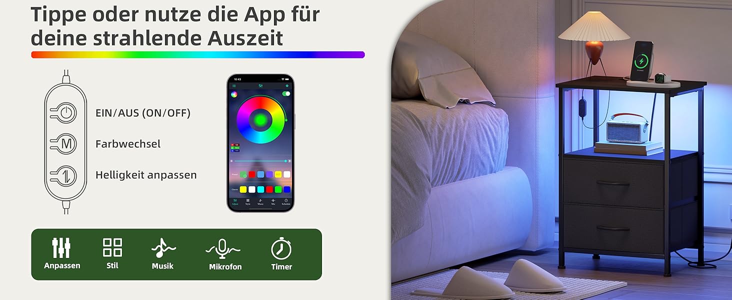 Нічний столик Somdot з підзарядкою, LED, розеткою (USB, Type-C) для спальні, вітальні, дитячої кімнати, чорного кольору, 30x40x60 см (2 висувні ящики)