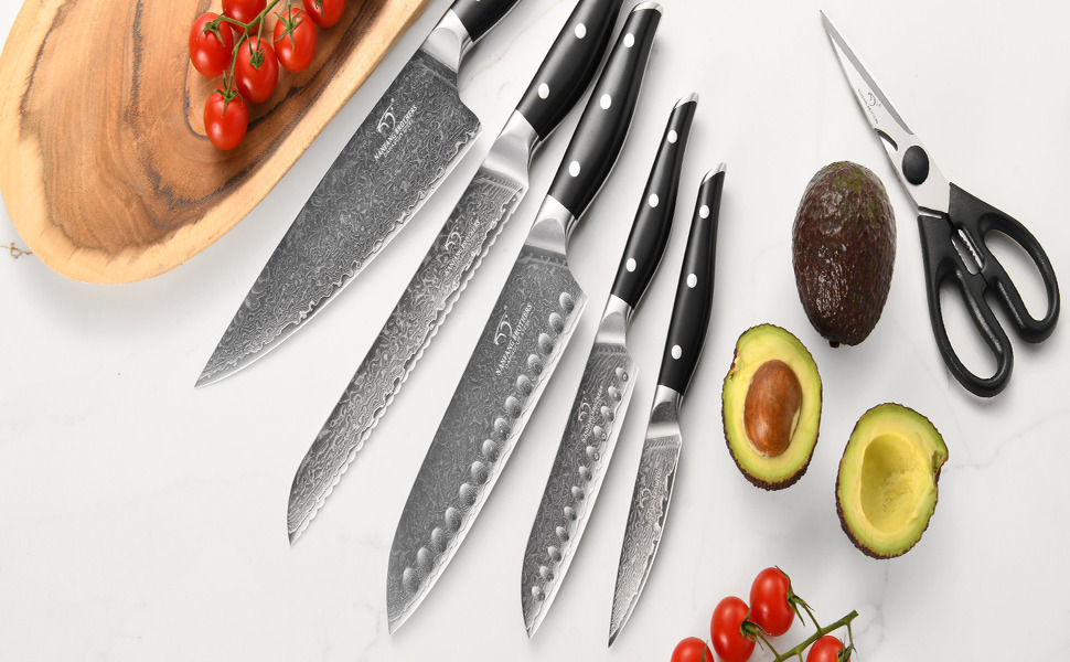 Набір кухонних ножів з дамаської сталі з дерев'яним блоком (7 предметів) - професійний набір ножів для кухні, VG10, G10, ергономічні ручки (червоний)