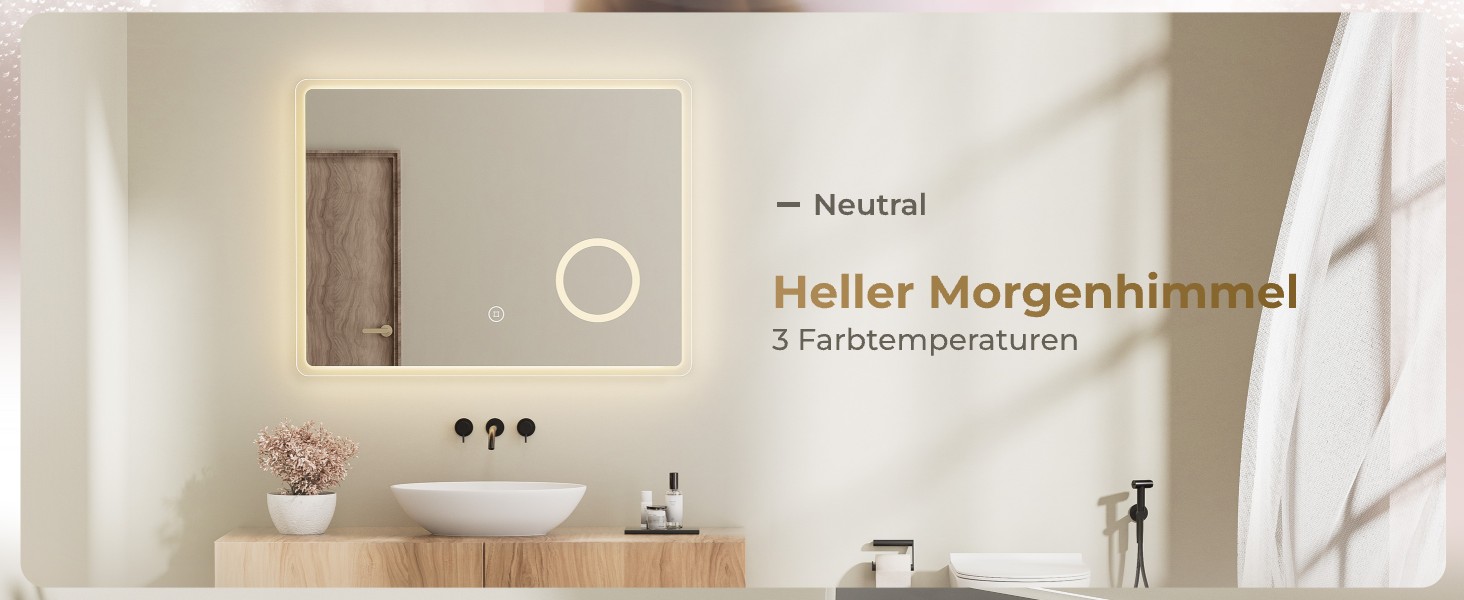 Дзеркало для ванної кімнати з підсвічуванням LED 80x60 см, регульоване, 3 колірні температури (3000K/4000K/6500K), антизапарник, вертикальна/горизонтальна установка, з 3x збільшенням