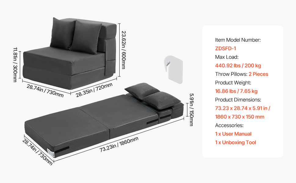 Диван-ліжко VEVOR 3-в-1 розкладний, з подушками, знімним чохлом, піна Memory Foam, сірий (односпальний) 1860x730x150 мм