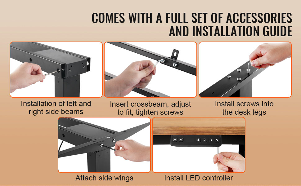 Електричний стіл VEVOR з подвійним мотором, регульована висота 65-129 см та довжина 110-178 см, чорний, для офісу та дому