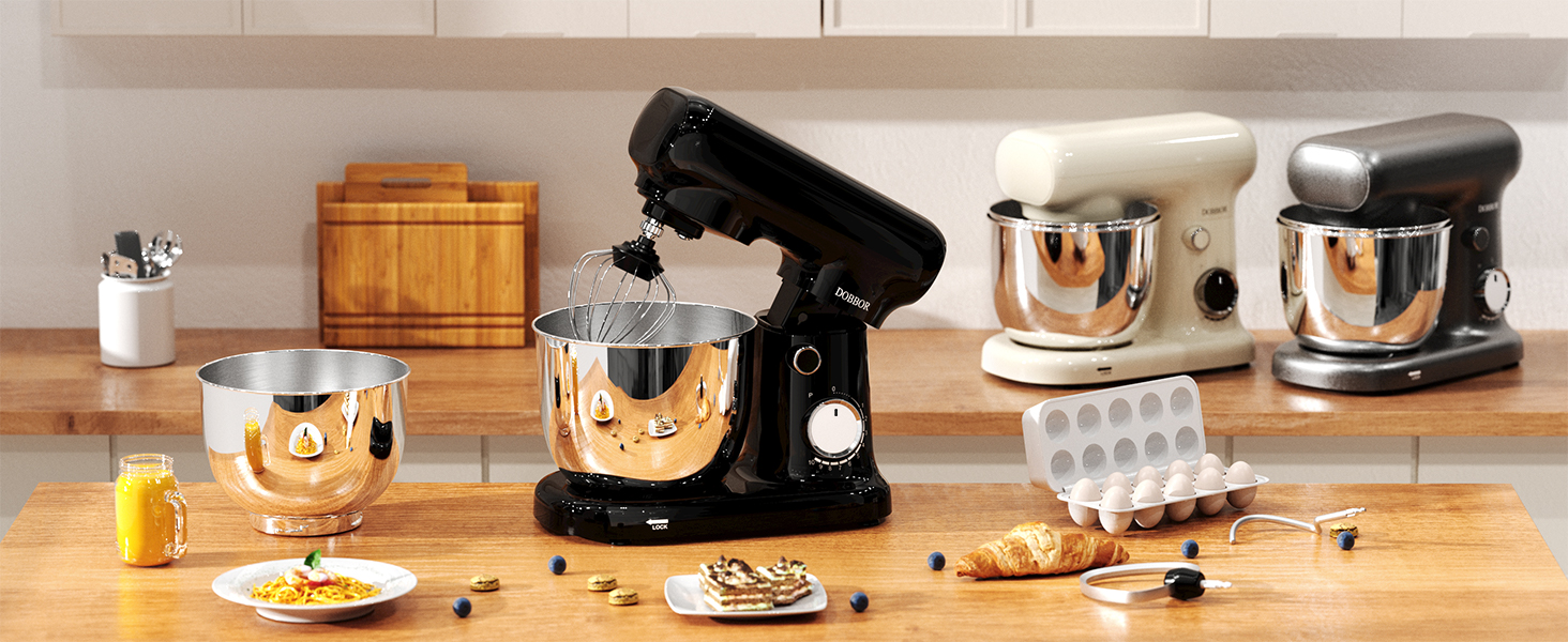 Кухонна машина з місткістю 2.5L та 3L, 10 швидкостей, 1500W, з міксером, шнеком для тіста та скребком, для дому та щоденного приготування (чорний)