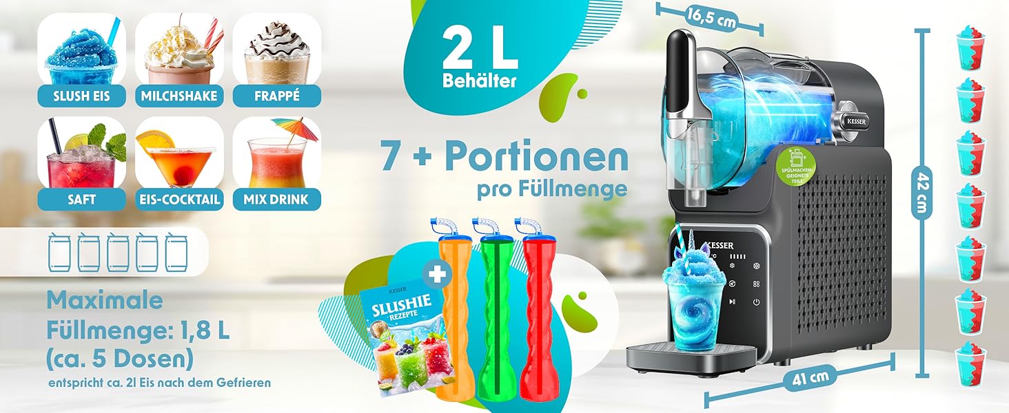 Машина для приготування сляш KESSER® - сляш-мейкер 2л - для сляш, коктейлів, фраппе, молочних коктейлів та замороженого соку - 25 хв та 6 програм - 3 стаканчика та книга рецептів в комплекті, антрацит