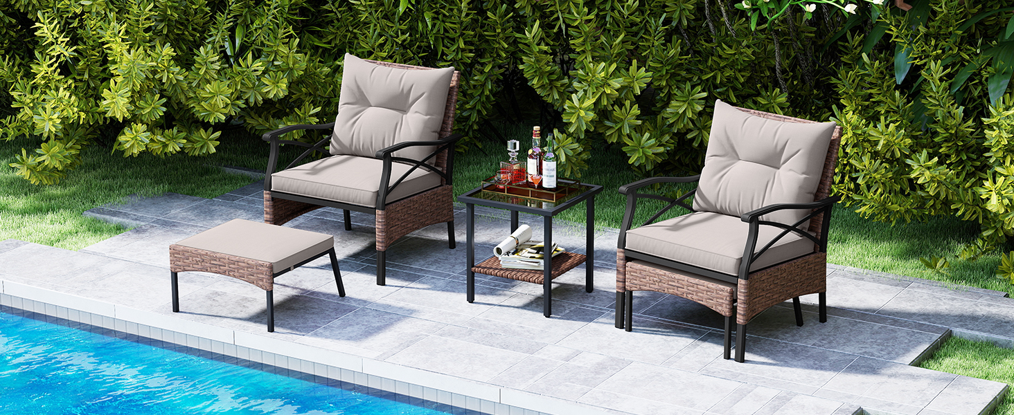 Садовий набір меблів COSTWAY з ротангу, 5 предметів: 2 крісла з подушками, пуф та стіл. Меблі для балкона, тераси, саду, коричнево-сірий колір