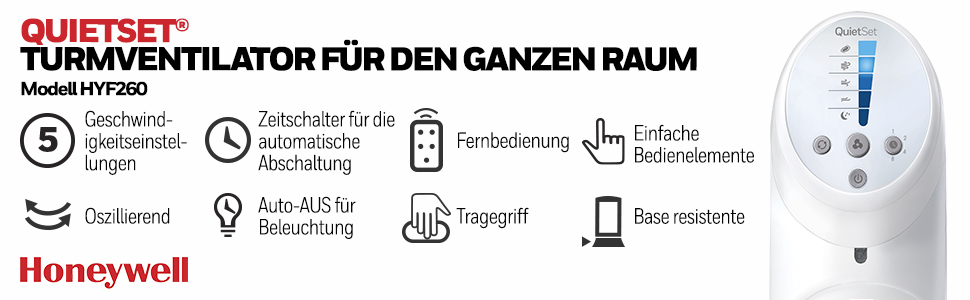 Осцилюючий баштовий вентилятор Honeywell QuietSet для всієї кімнати (5 налаштувань швидкості, коливання 80, функція таймера, автоматичне вимкнення освітлення, дистанційне керування) HYF260 HYF260 одинарний