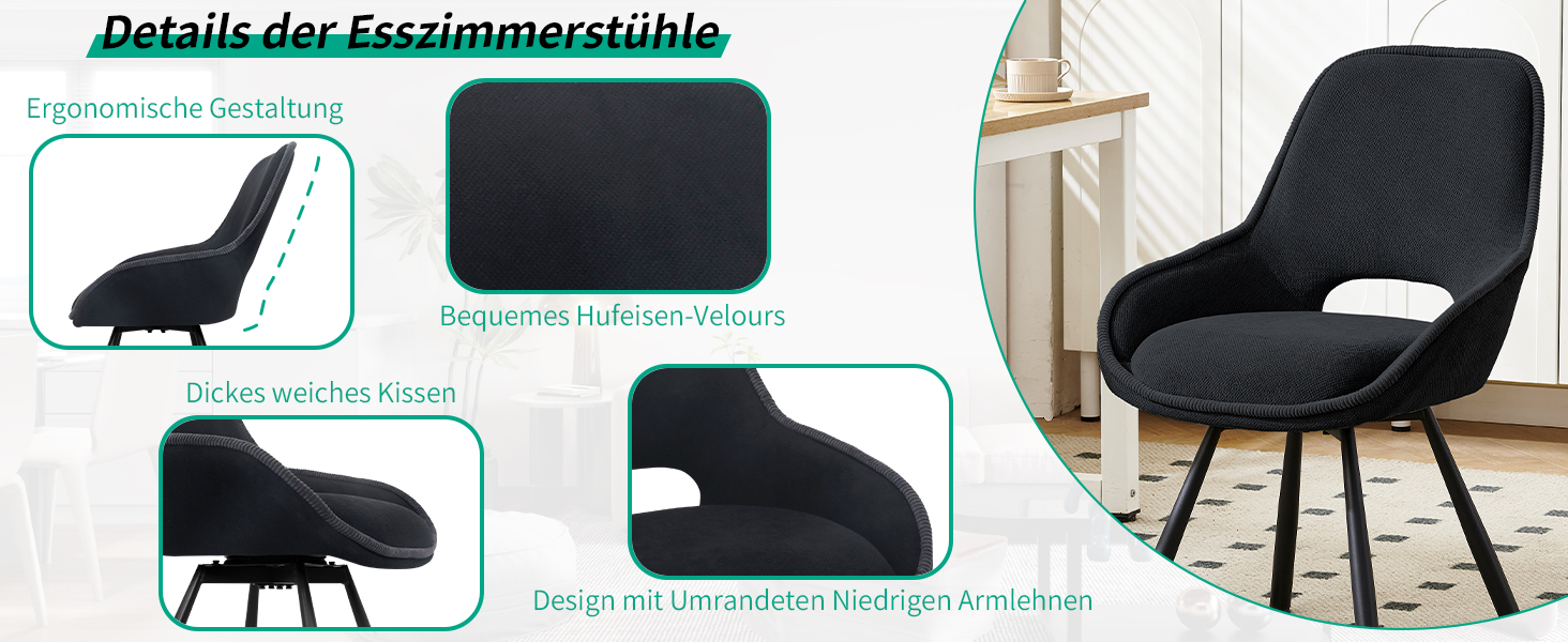 Набір з 6 обертових кухонних стільців, чорного кольору, з низькими підлокітниками, 180° оберт, автоматичне вирівнювання