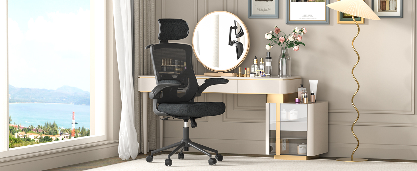 Ергономічне крісло для офісу з регульованою підголівником та поперековою підтримкою – високе офісне крісло з сітчастою спинкою та м'яким сидінням, вішалка для одягу та функцією блокування (Чорний)