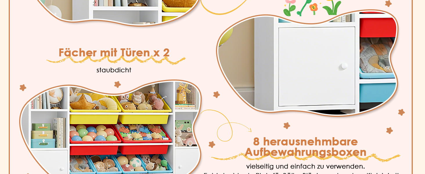 FOREHILL Регульована полиця для іграшок з 8 ящиками, дитячий шафчик, книжкова полиця для дітей, органайзер для іграшок, меблі для дитячої кімнати з іграшковою коробкою, 138,8 x 94,3 x 29,6 см, білий (білий з червоним)