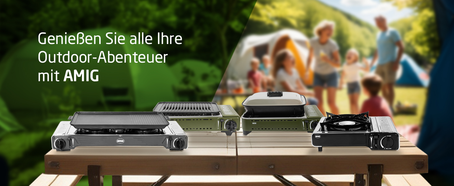 Газовий балонний пальник Amig CAMP01 з 1 конфоркою, вбудованим вітрозахистом та нержавіючою сталею, 2.2 кВт, сумісний з картриджами B-250