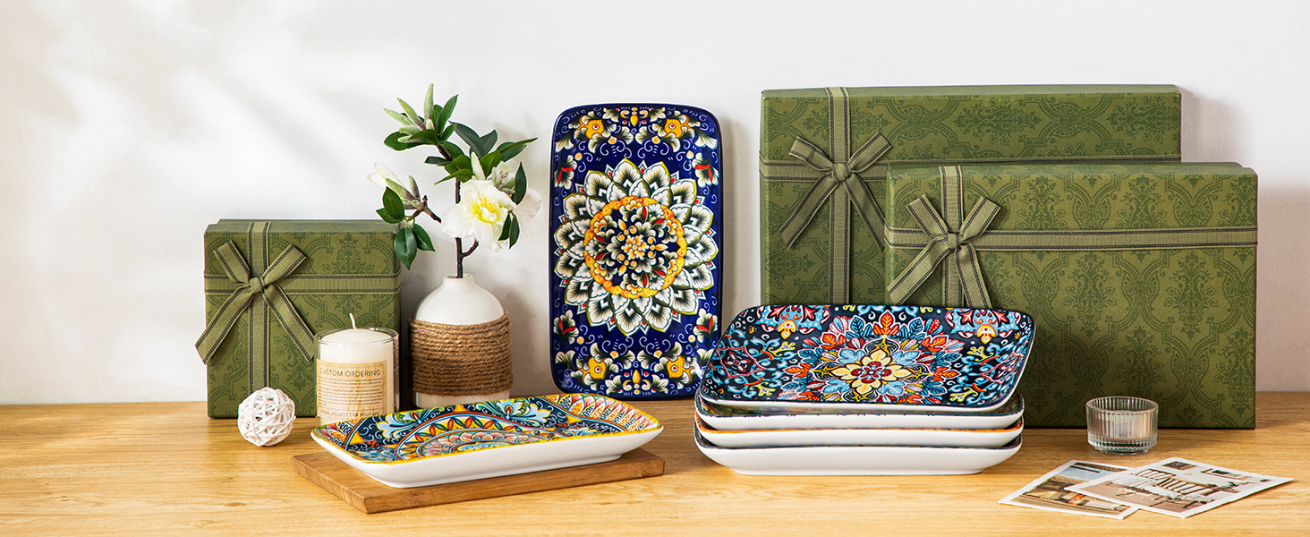 Набір тарілок Vancasso SIMI прямокутні, 6 шт. Порцелянові тарілки для сервірування, десертні, на 6 осіб, 24.7 x 14.2 см