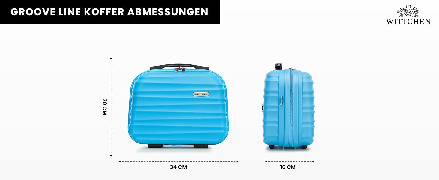 Набір валізWITTCHEN 3 в 1: велика, середня, маленька. Валізи на колесах з ABS, з кодовим замком, 4 колеса, Groove Line. Підходить для Lufthansa, Eurowings, Ryanair, Condor. (Синій, косметичка)