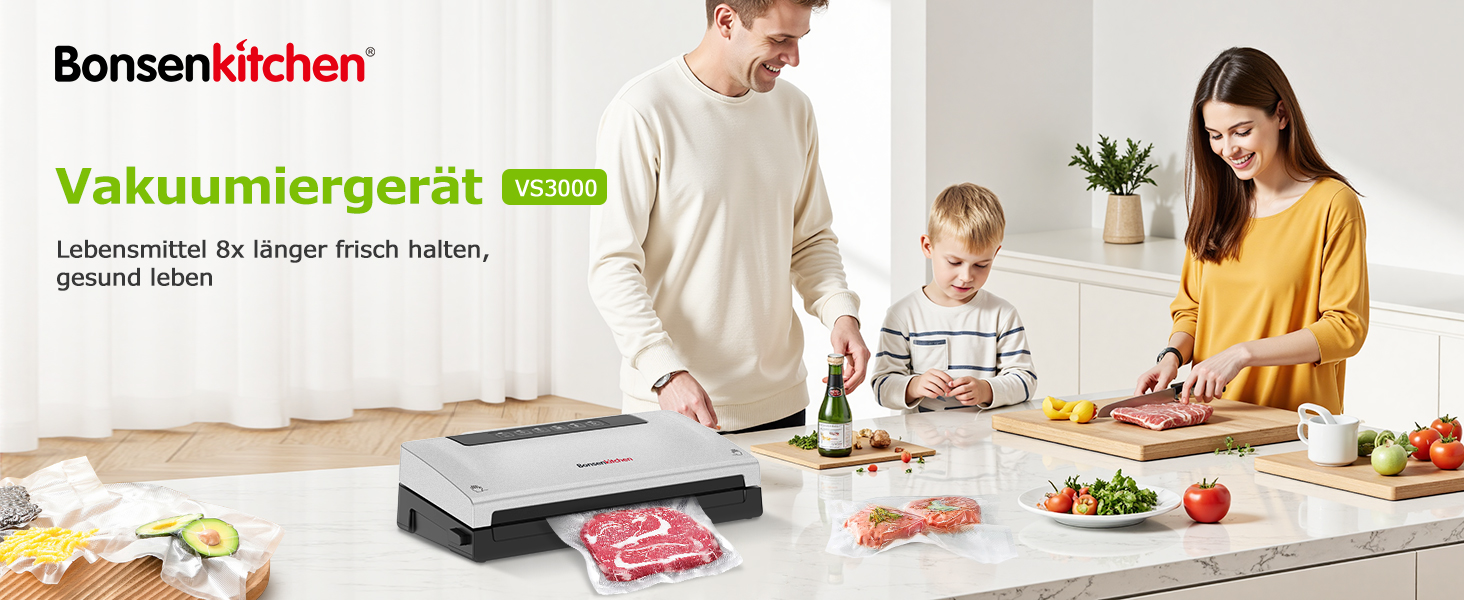 Вакууматор Bonsenkitchen для продуктів, потужний вакуумний пакувальник з 5 режимами, 8 л/хв, технологія Globefish, чорний (комплект: 5 пакетів та 1 рулон)