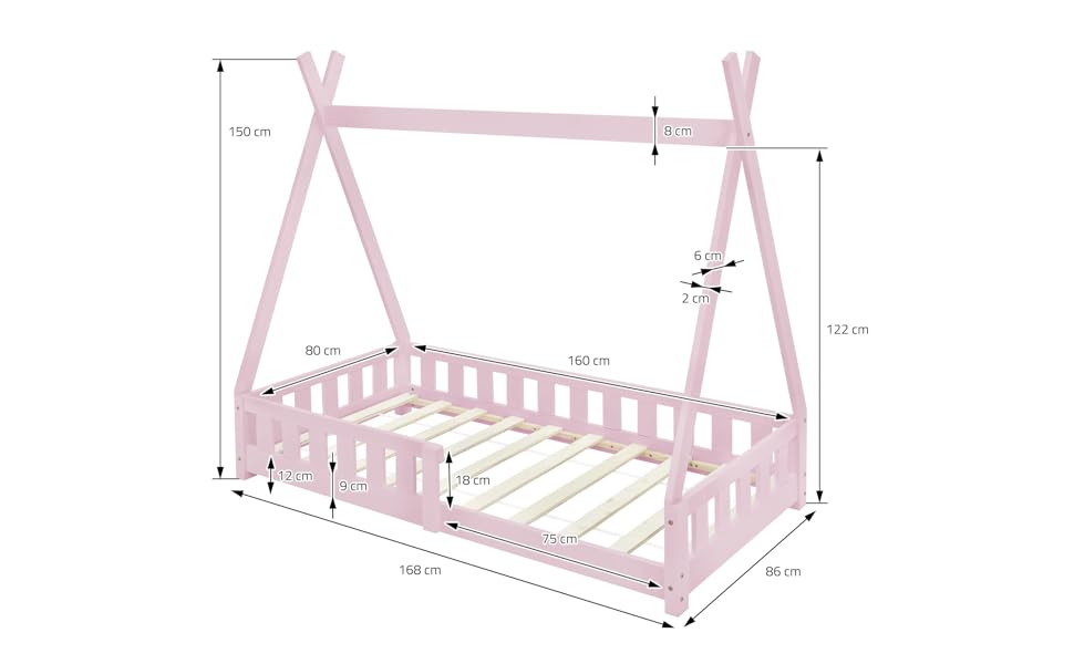 Дитяче ліжко-халапа Tipi ML-Design біле з бортиками та ламелями, з сосни, індіанське ліжко для дівчаток та хлопчиків, ліжко-будиночок з огорожею, підлогове ліжко-халапа для дітей та підлітків, ігрове ліжко-намет (80x160 см з матрацом, рожеве)