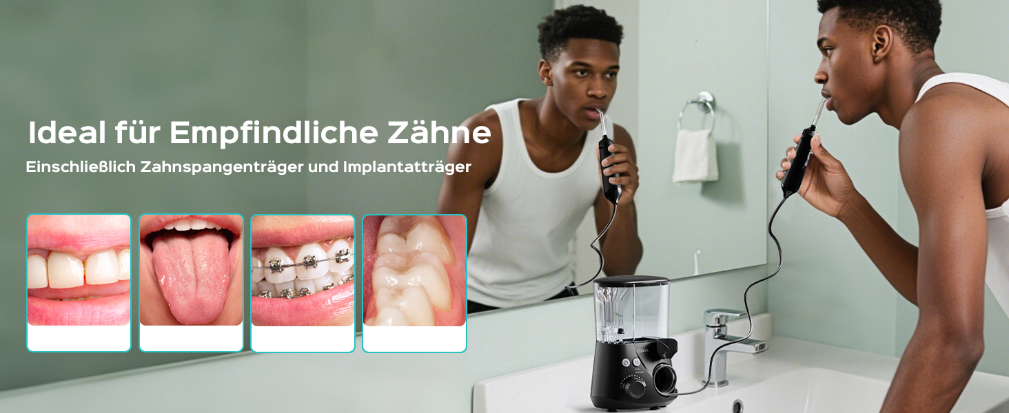 Електрична зубна душ COSLUS Munddusche Professional з 2 режимами та 12 рівнями тиску – 600 мл резервуар для води. Підходить для сімей, ентузіастів орального здоров'я та пацієнтів з ортодонтичними конструкціями. 5 насадок, чорний колір.