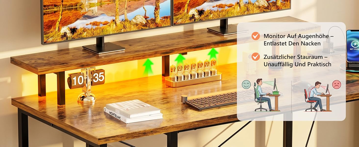 Кутовий письмовий стіл YOUDENOVA L-подібний з LED-підсвіткою, 4 шухлядами та розеткою, ігровий комп'ютерний стіл з полицею для монітора, вінтажний коричневий, 142x107 см