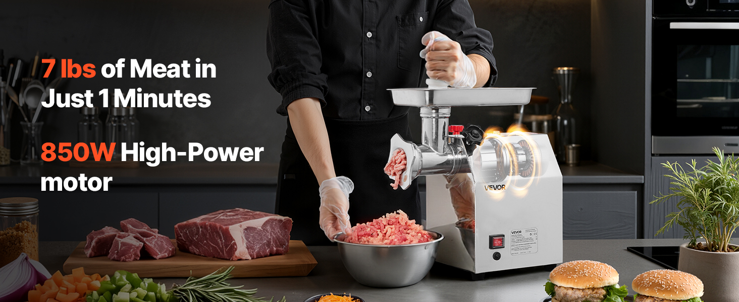 Електрична м'ясоподрібнювач VEVOR, 850 Вт, 3.2 кг/хв, з лезом та диском, для кухні та ресторану