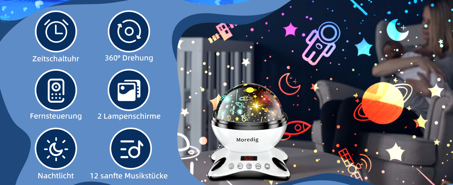 Проектор Moredig Nightlight Starry Sky з дистанційним керуванням, таймером, подарунок для дітей - чорний