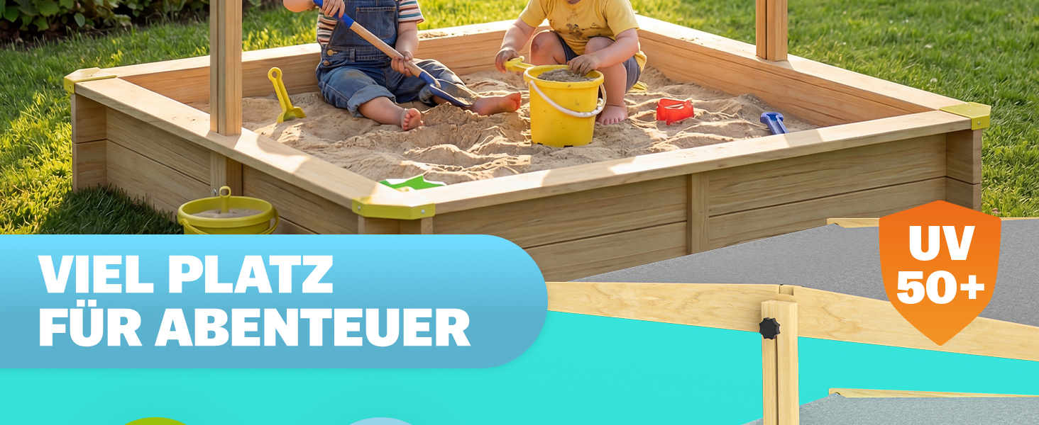 Пісочниця Spielwerk Sonnendach 120x120 см з дахом, натуральне дерево, захист від УФ, борти, підкладка, дитяча пісочниця Fritzi