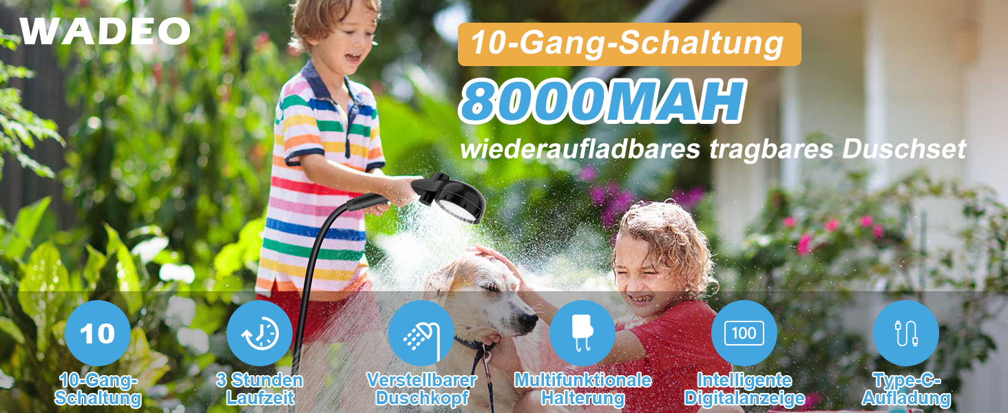 Портативна душова кабіна WADEO для кемпінгу з акумулятором та помпою, 10 режимів, акумулятор 6000 mAh (3 години роботи), подвійний цифровий дисплей, для відпочинку на природі, у саду та в подорожах (чорна)