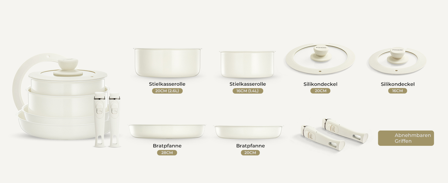 Набір посуду FOHERE 8 предметів: каструлі та сковороди з 2 знімними ручками, сковорода 20/28 см, каструлі 2.6/1.4 л, підходить для всіх плит (індукція), безпечний у духовці та посудомийній машині, бежевий