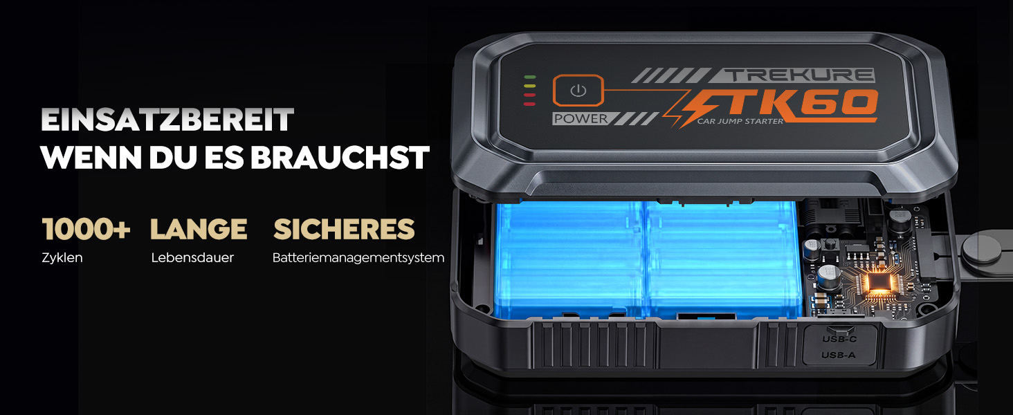 Бустер для автомобіля TREKURE 7000A — Пусковий пристрій (Powerbank) для авто до 9л бензин та 6.5л дизель, з функцією примусового запуску, магнітним кріпленням та 4-в-1 LED робочим світлом, чорний
