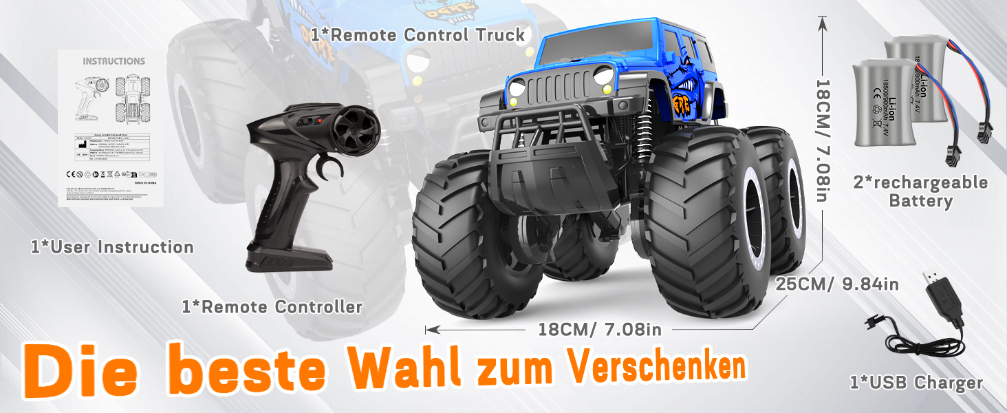 Радіокерований позашляховик Monstertruck 2.4GHz 4WD (до 15+ км/год) з двома акумуляторами, водонепроникний, для дітей від 6 років